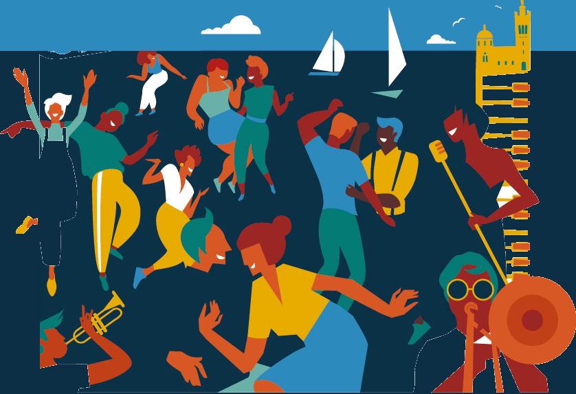 Danseurs et danseuses de swing devant le Vieux-Port et Notre-Dame de la Garde